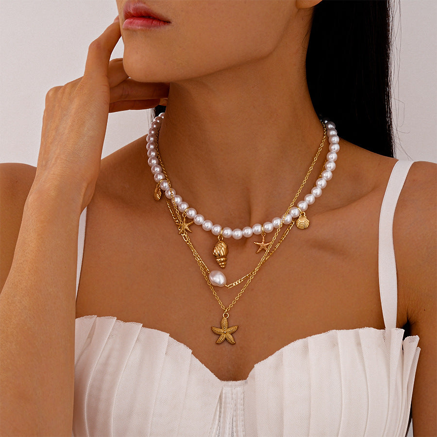 Pearl & Starfish Layered Necklace Set