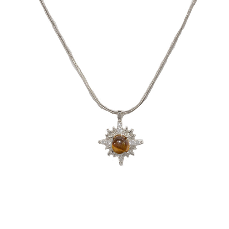 Silver tiger's eye sunburst pendant necklace