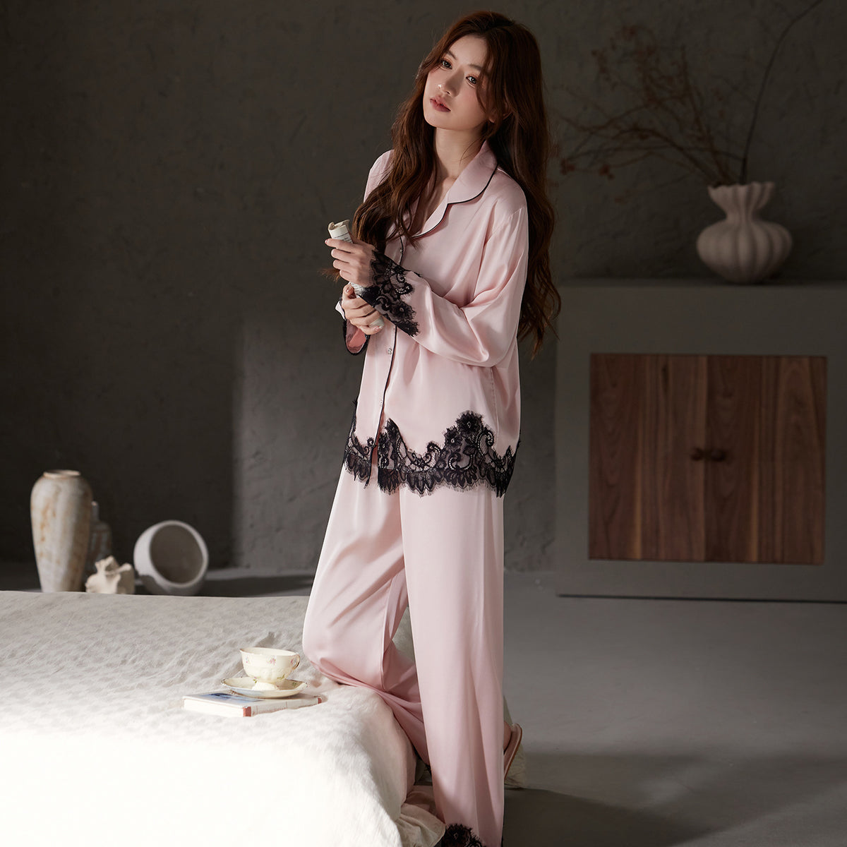 Lace-Trim Satin Pajama Set