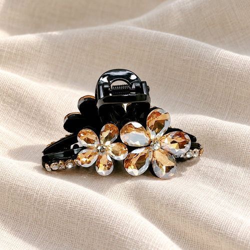 Champagne crystal flower claw clip on ivory linen