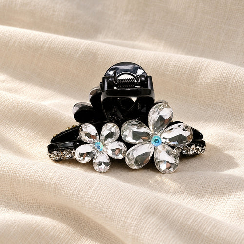 White crystal flower claw clip on ivory linen