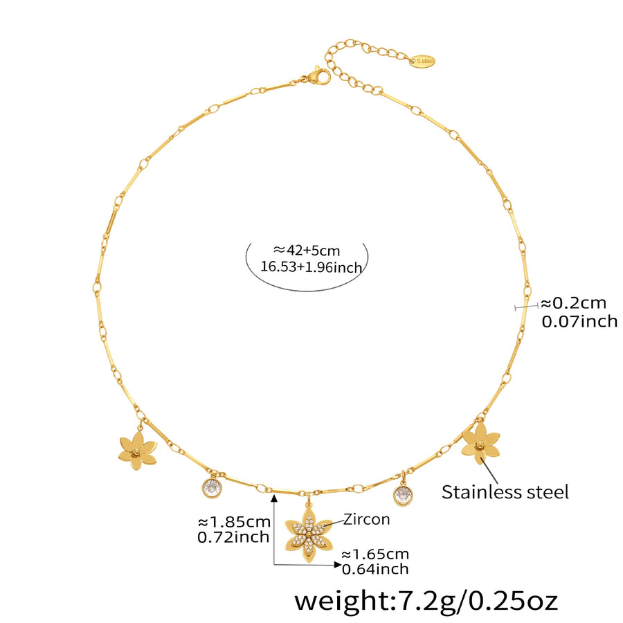 Style B fine bar-link chain with flower drops, size details