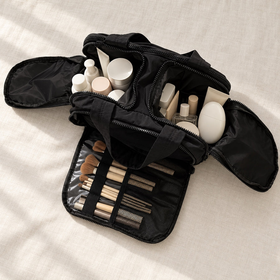 Travel makeup organizer bag in Black, open with brushes and skincare on ivory linen